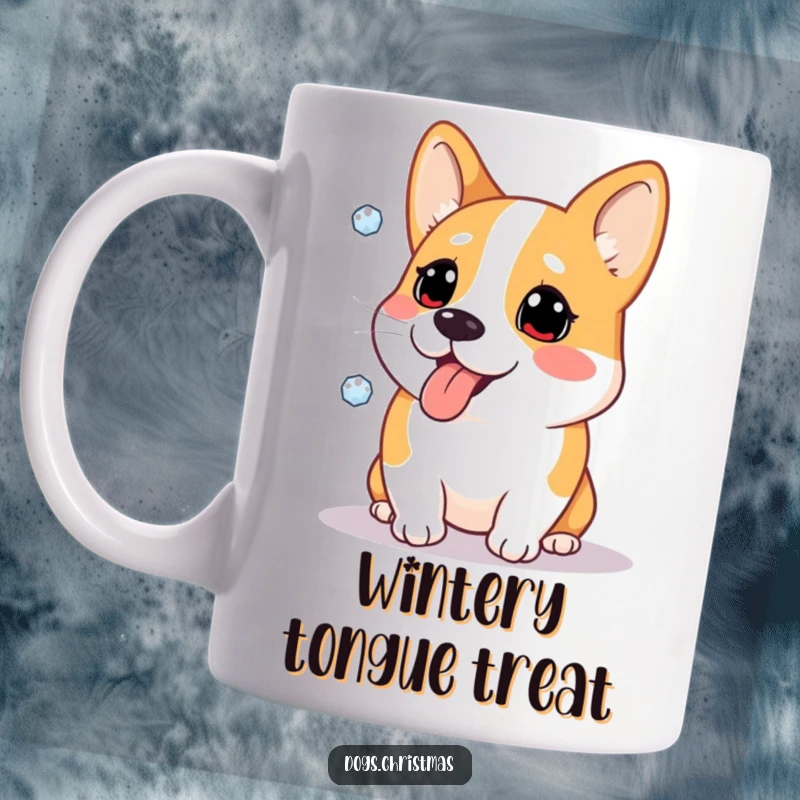 Funny mug featuring a Corgi dog comically trying to catch falling snowflakes on its tongue, embodying winter delight.