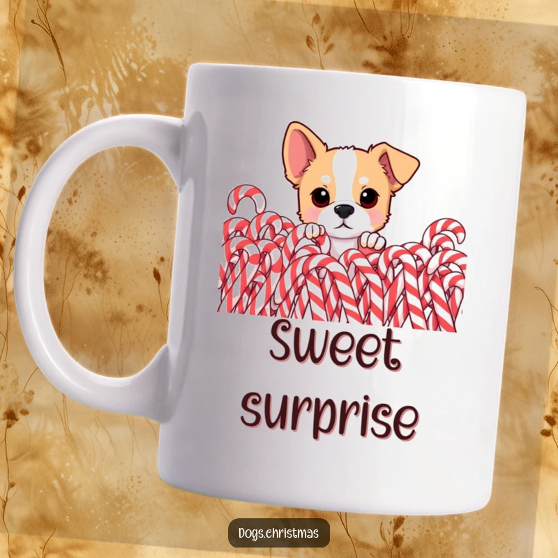Funny dog mug, curious dog peeking from behind pile of candy canes, eyes wide with wonder, conveying sweet mischief.