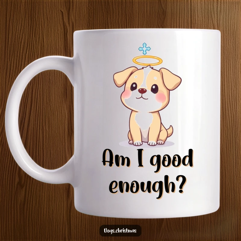 Funny Dog Halo Mug showing a surprised dog with a halo as a snowflake falls, perfect for dog lovers.