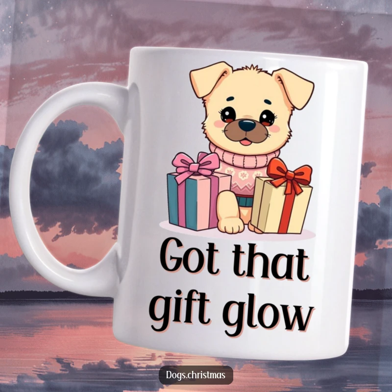 Funny Kawaii Dog Mug: A dog in a festive sweater looks lovingly at a gift, embodying holiday excitement and humor.