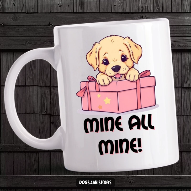 Funny mug featuring a golden retriever puppy joyfully pouncing on a bright, wrapped Christmas gift, embodying playful holiday excitement.