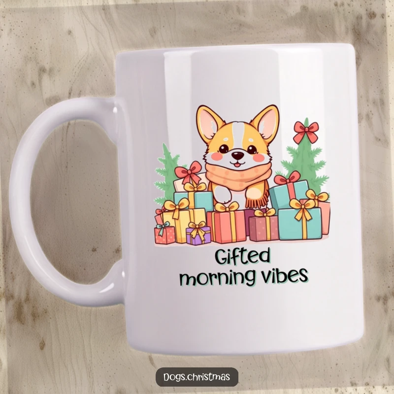 Funny Kawaii Corgi Mug: A cute corgi in a cozy scarf peeks from a gift pile, a humorous and heartwarming holiday design.