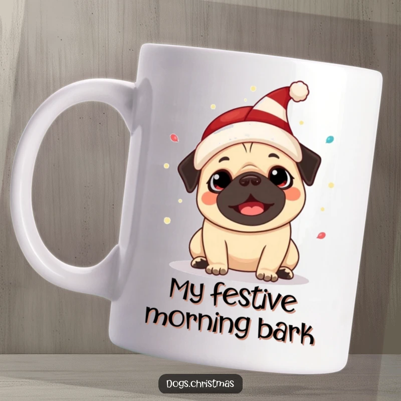 Funny Kawaii Pug Mug: A cute pug in an elf hat happily barks surrounded by bright festive lights, a humorous holiday delight.