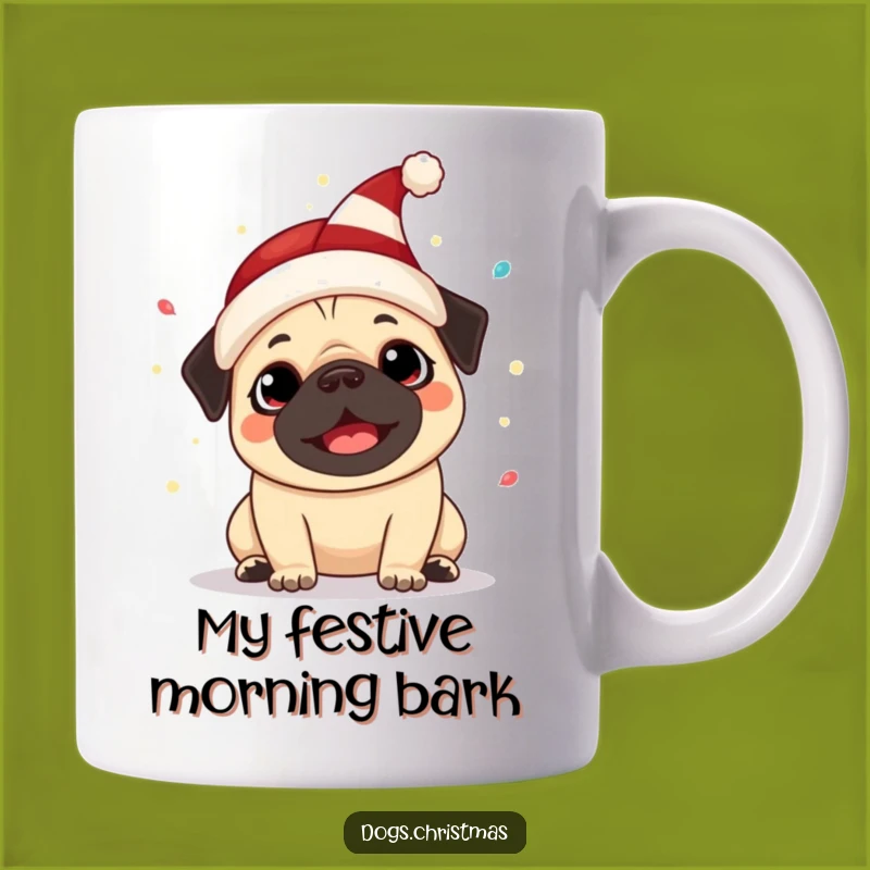 Funny Kawaii Pug Elf Hat Mug: Happy Barking Festive Lights Perfect Funny Gift
