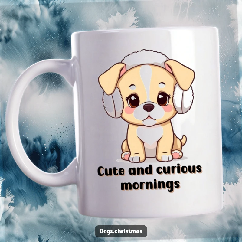 Funny Kawaii Puppy Mug: A cute, curious puppy wearing festive earmuffs, looking directly at the viewer with big eyes.