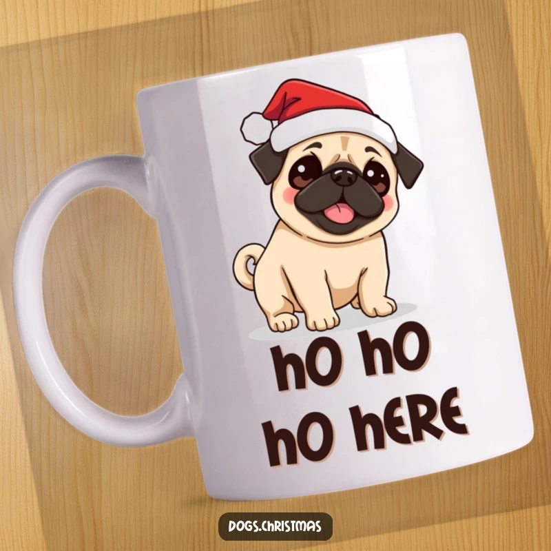 Funny Pug Santa Mug featuring a cute pug wearing a Santa hat, excitedly wagging its tail, perfect for holiday greetings.