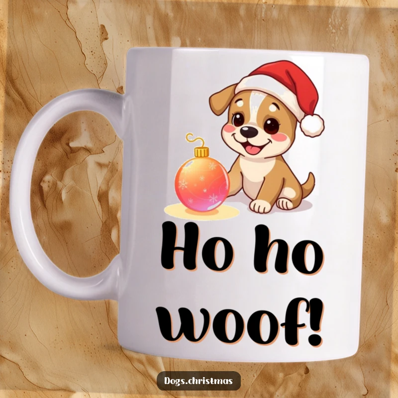 Funny dog mug, happy pup wearing tiny Santa hat, playing with a glowing Christmas ornament, conveying festive cheer and canine joy.