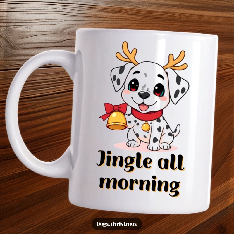 Funny Kawaii Dalmatian Mug: A dalmatian in reindeer antlers joyfully holds a jingling bell, a humorous holiday canine.