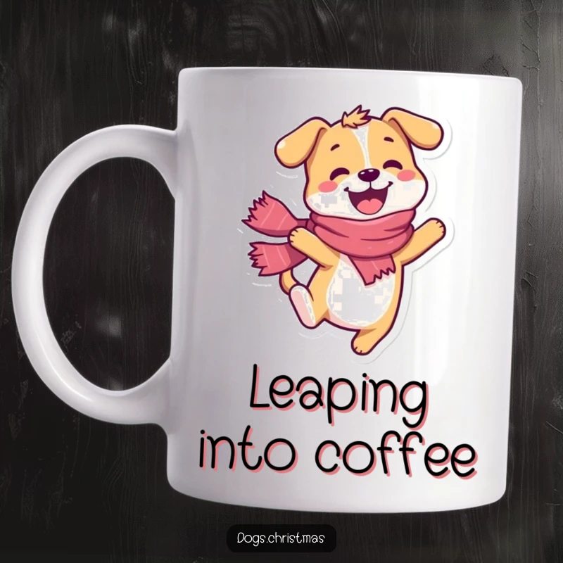 Funny dog mug, happy character wearing a scarf, doing a joyful leap, energetic and cheerful.