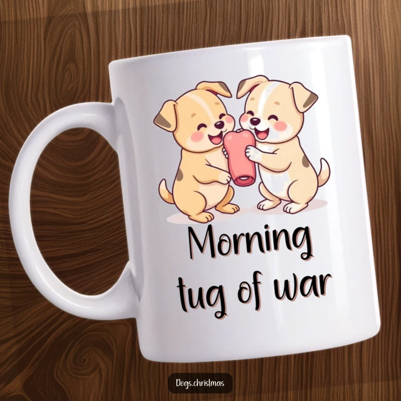 Funny Dog Mug featuring two adorable kawaii pups playfully wrestling over a chew toy, showcasing pure canine joy.