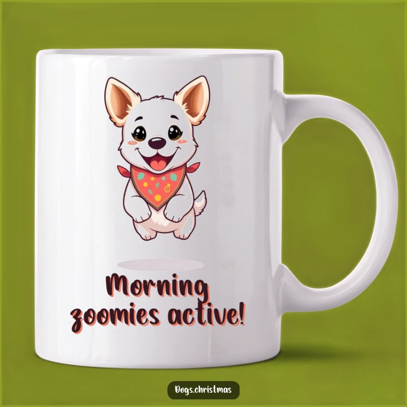 Funny Happy Dog Jump Mug: Festive Bandana Celebration, Perfect Gift