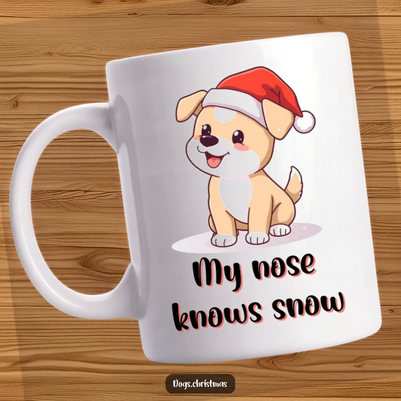 Funny Santa dog mug with wagging tail in snow, a cute and joyful Christmas gift for pet owners.
