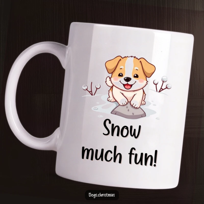 Funny mug featuring a happy dog enthusiastically digging in a snowy landscape, embodying pure winter fun.