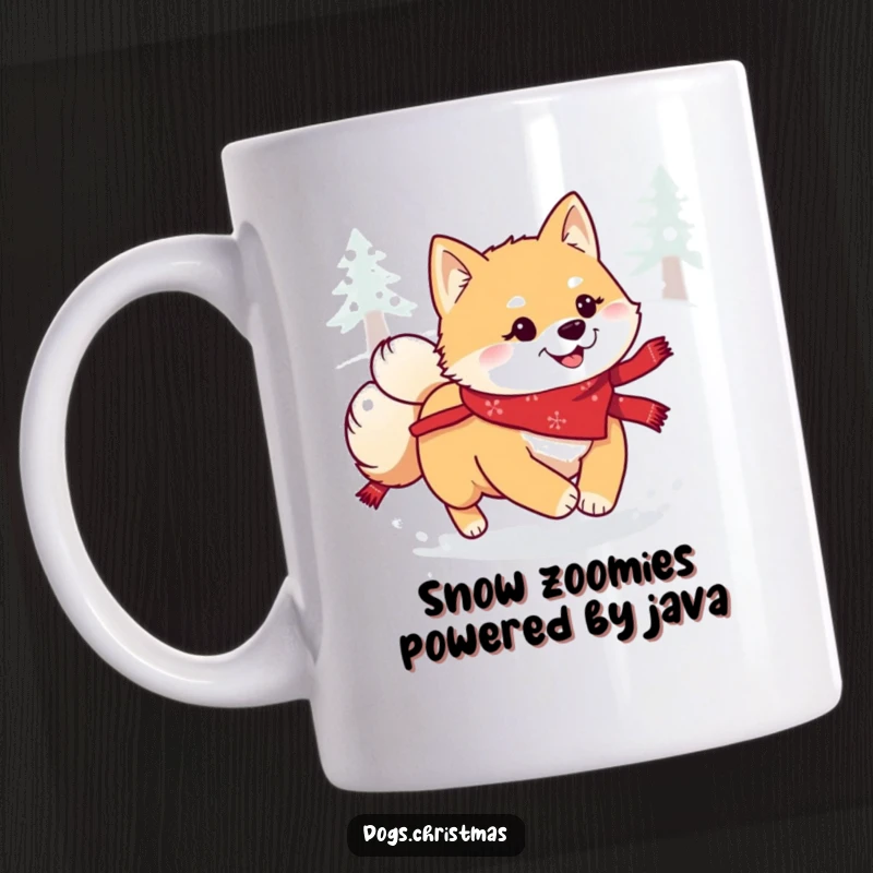 Funny Kawaii Shiba Inu Mug: A festive bandana-clad dog joyfully leaping through soft, powdery snow, embodying pure winter happiness.