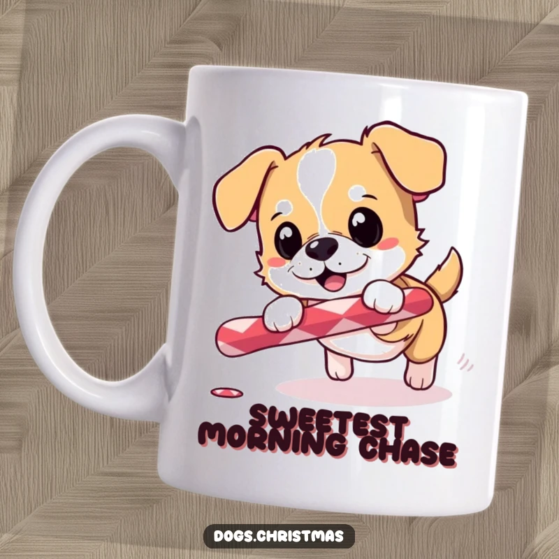 Funny mug featuring a small dog excitedly chasing a rolling candy cane during the holidays.