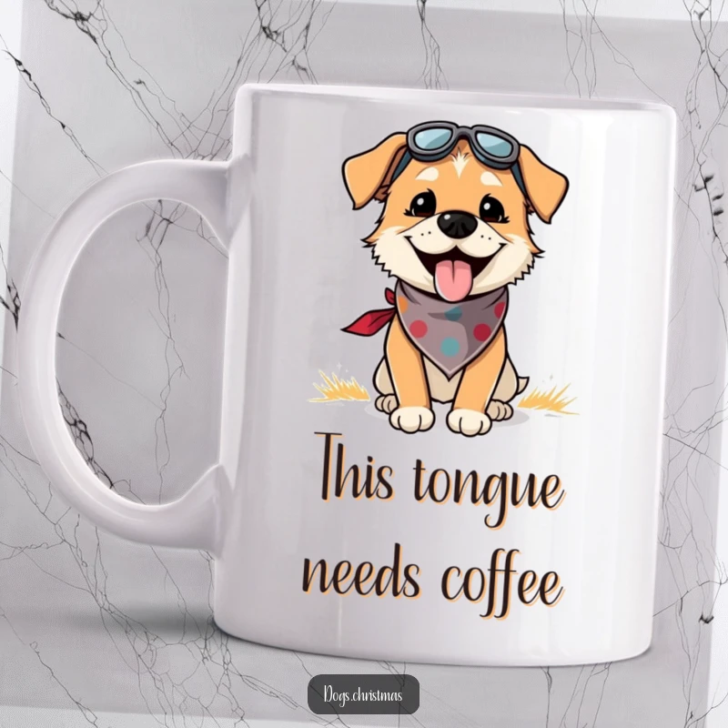 Funny dog mug with a joyful dog wearing a festive bandana, panting happily while exploring the great outdoors, perfect for pet lovers.