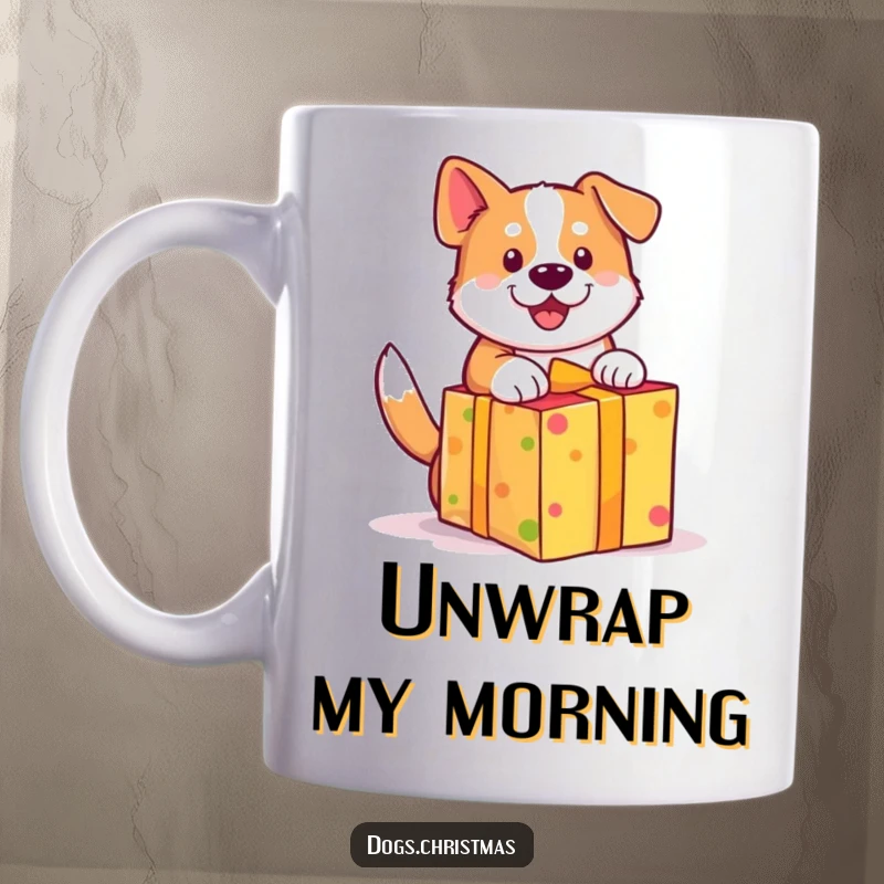 Funny dog mug, cute wagging tail, unwrapping a brightly colored gift with excitement, joyful and festive.