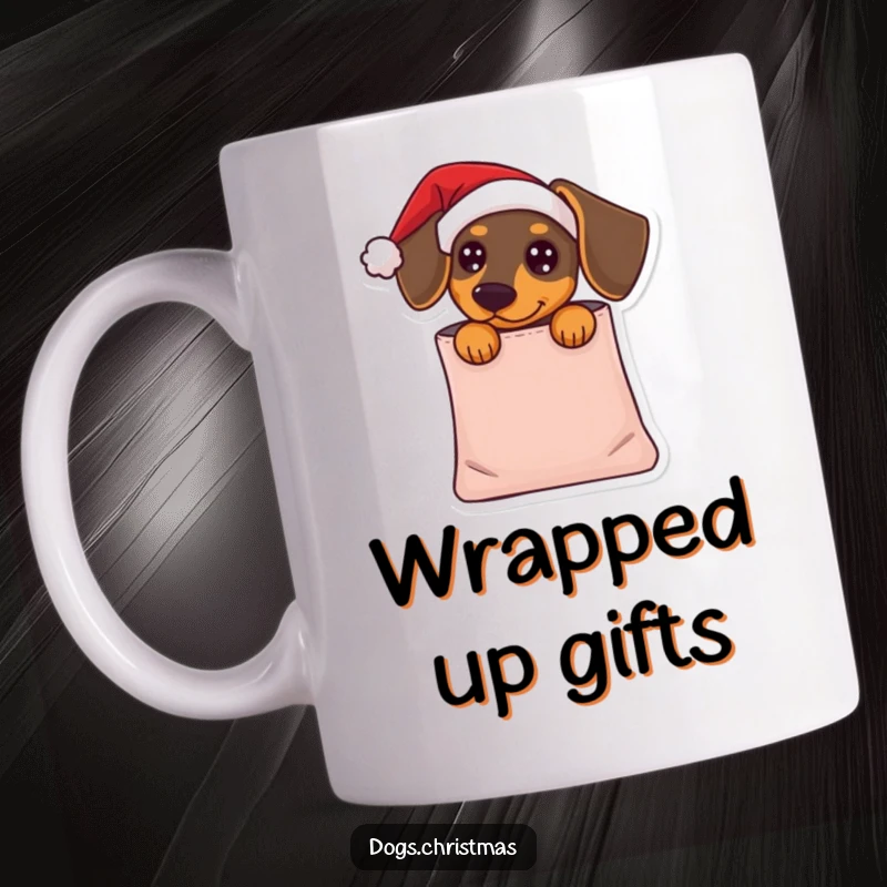 Funny Dachshund Mug: A dachshund wearing a Santa hat peeks adorably from a gift bag, spreading humorous holiday cheer.