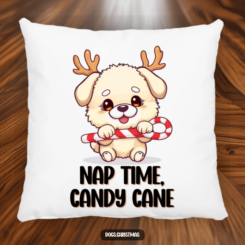 Funny dog pillow, fluffy character, festive antlers, tug-of-war with candy cane, soft and humorous.