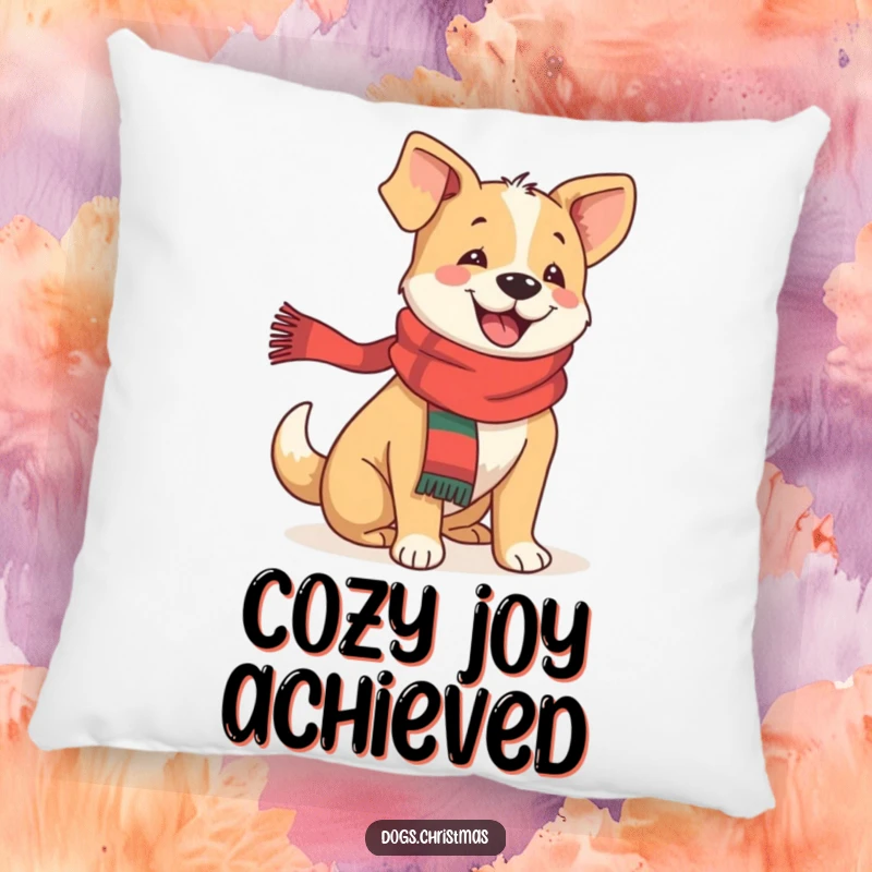 Funny festive dog pillow featuring a happy dog in a scarf, tail wagging with pure joy, perfect for cozy decor.
