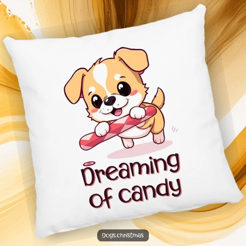 Funny and soft pillow featuring a small dog excitedly chasing a candy cane, perfect for festive decor.