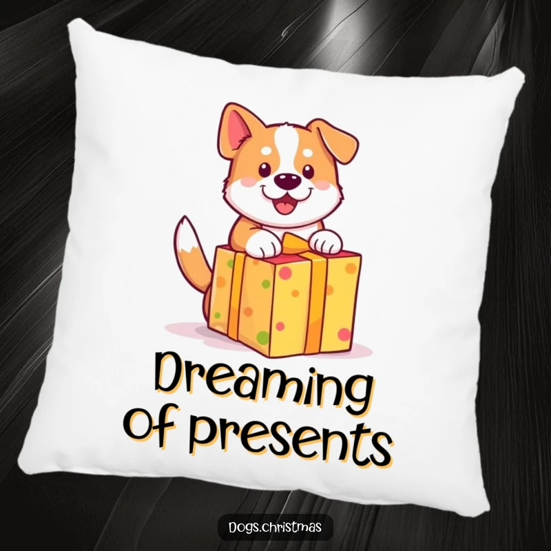 Funny dog pillow, cute wagging tail, unwrapping a brightly colored gift with excitement, soft and comfortable.