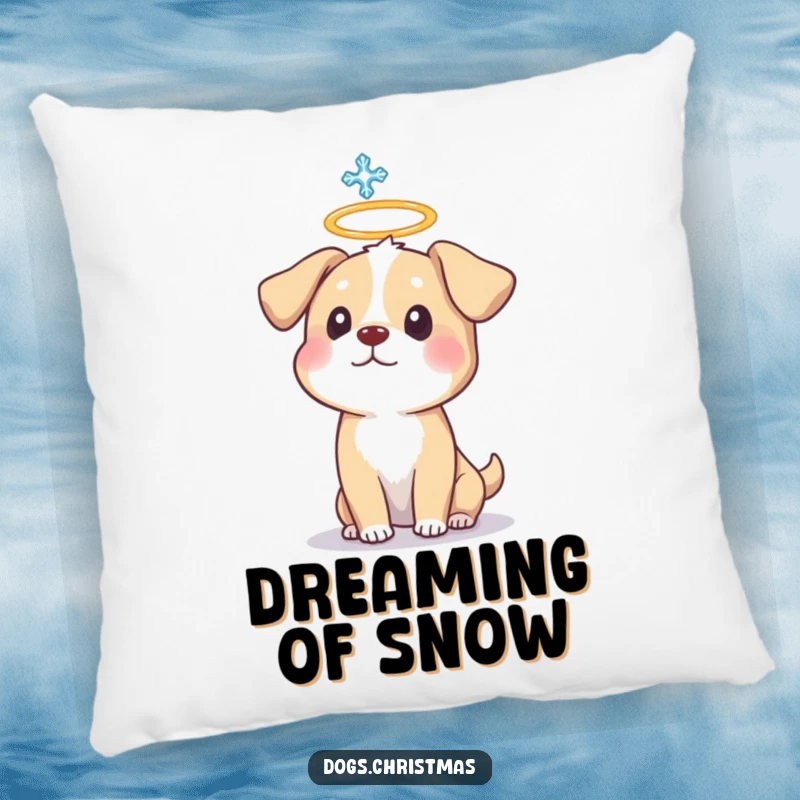 Funny Dog Halo Pillow featuring a surprised dog with a halo and a snowflake, a soft and humorous decor item.