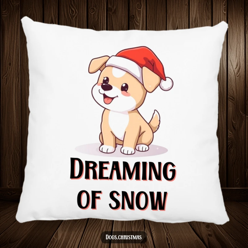 Funny Santa dog pillow, cute pup with wagging tail in the snow, perfect cozy Christmas home decor.