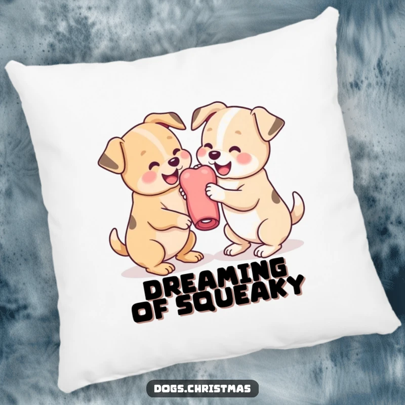 Funny Dog Pillow with two adorable kawaii dogs playfully wrestling over a chew toy, perfect for adding comfort and playful humor.