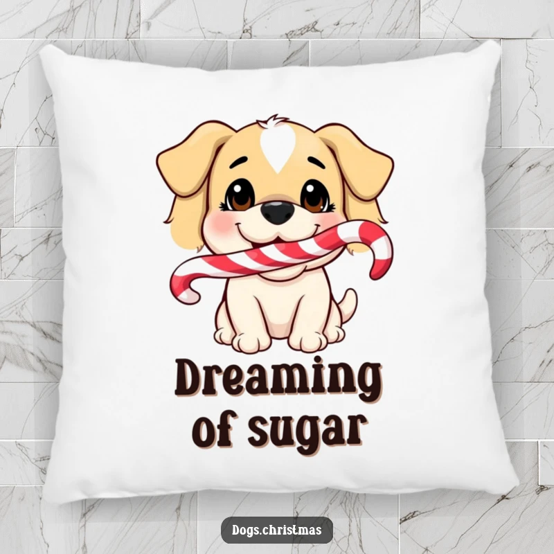 Funny Dog Pillow: A soft pillow featuring a funny dog smiling with a candy cane in its mouth, full of holiday spirit.