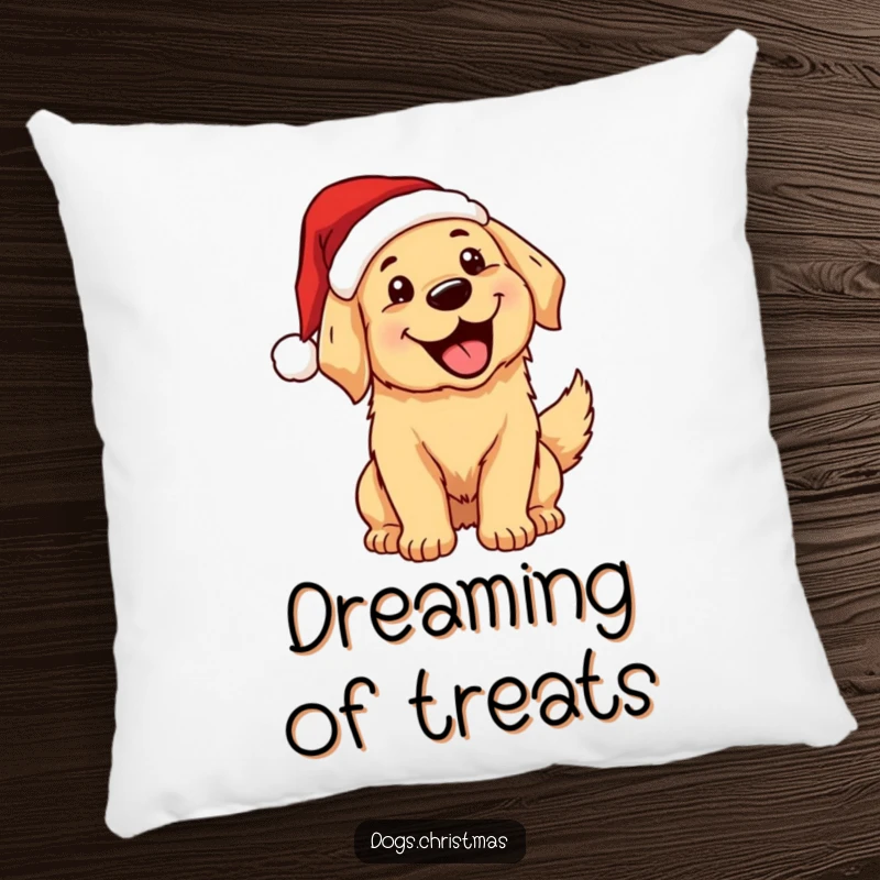 Funny, excited kawaii golden retriever in a Santa hat wagging its tail, mouth open, on a soft pillow.