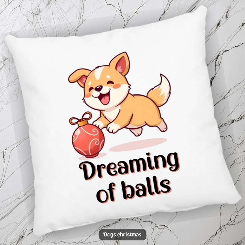 Funny kawaii dog chasing an ornament on a pillow, cozy holiday accent, cute pup design, ideal funny gift.