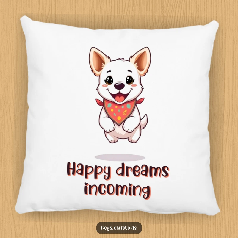 Funny and soft pillow featuring a dog in a festive bandana, captured mid-happy jump, perfect for cozy decor.