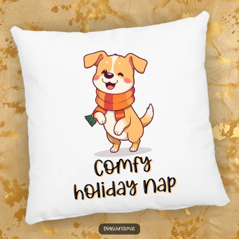 Funny Dog Pillow: A soft pillow featuring a funny dog wearing a festive scarf and doing a happy prance, full of holiday spirit.