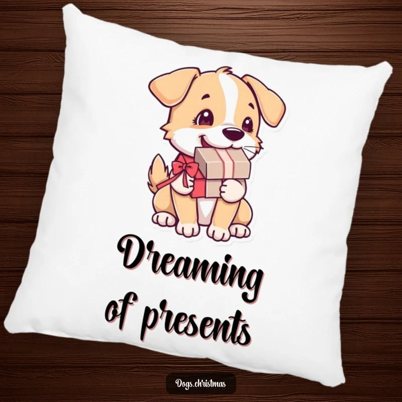 Funny Dog Pillow: A happy dog with a present in its mouth and a blurred, wagging tail brings comfort and humor.