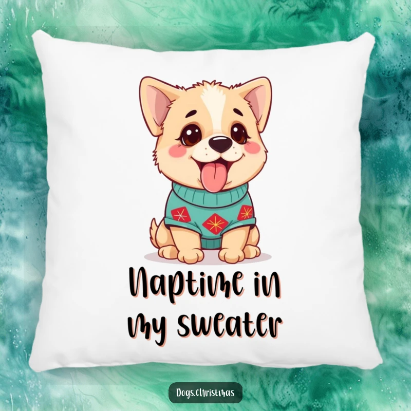 Funny Dog Pillow with a cute dog in a festive sweater, panting happily, perfect for cozy snuggles.