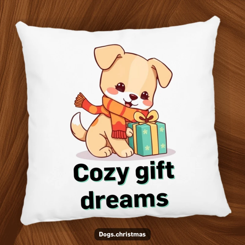 Funny kawaii dog with scarf playing with a gift on a pillow, cozy holiday accent, cute pup design, ideal funny gift.