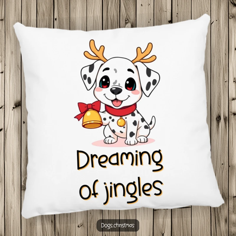 Funny Kawaii Dalmatian Pillow: A dalmatian with reindeer antlers holds a jingling bell, a humorous and plush decorative item.