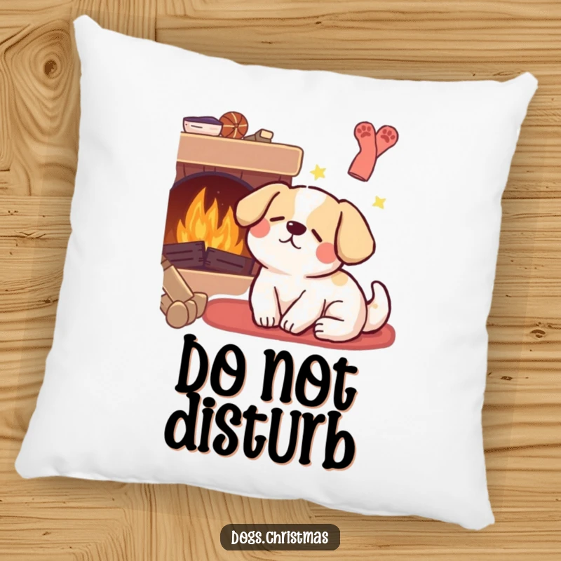 Funny Kawaii Dog Pillow: A sweet dog dreams by a warm fireplace, offering comfort and a funny, heartwarming touch to any space.