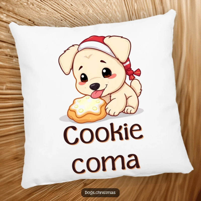 Funny Kawaii Dog Pillow: A dog licks a glowing Christmas cookie, adding funny holiday magic and coziness to any room.