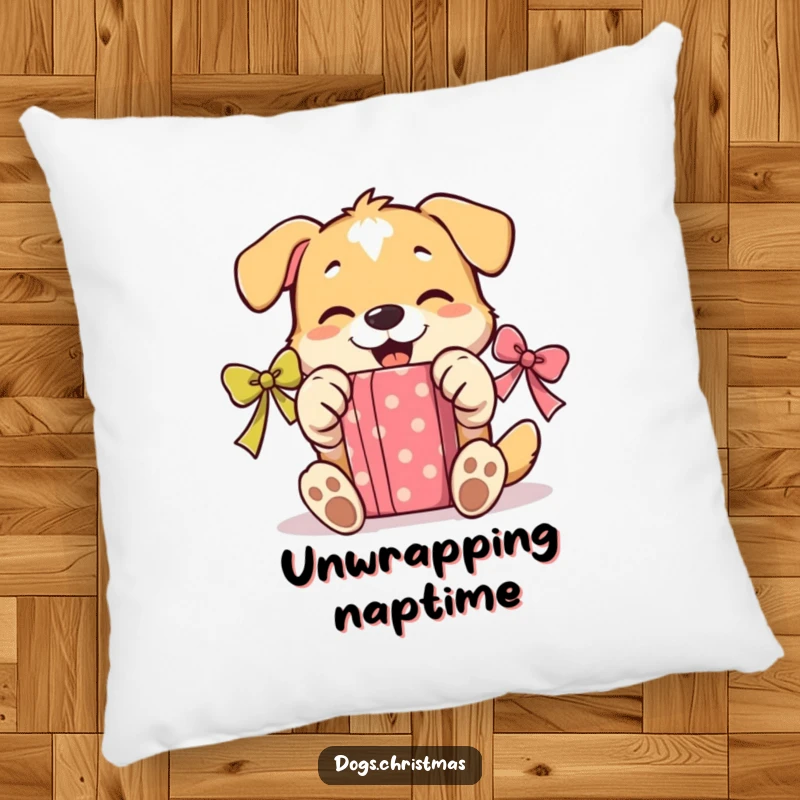 Funny Unwrapping Dog Pillow: A soft pillow featuring a dog gleefully opening a present with its paws, full of joy.