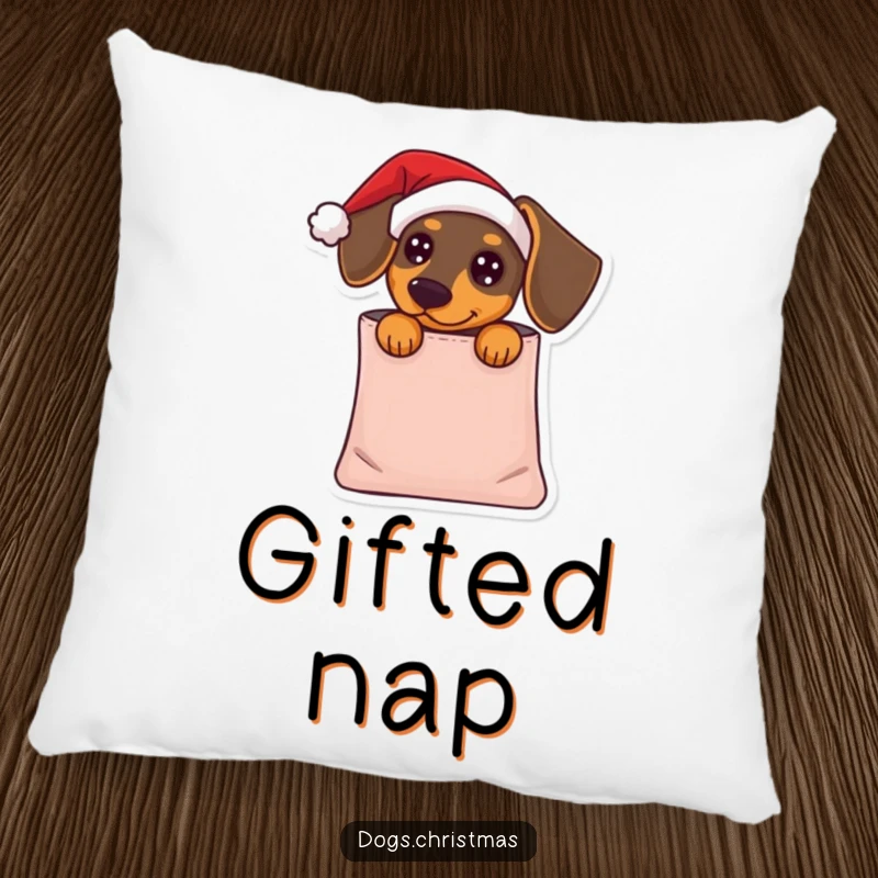 Funny Dachshund Pillow: A dachshund wearing a Santa hat peeks from a gift bag, providing humorous holiday comfort and decor.