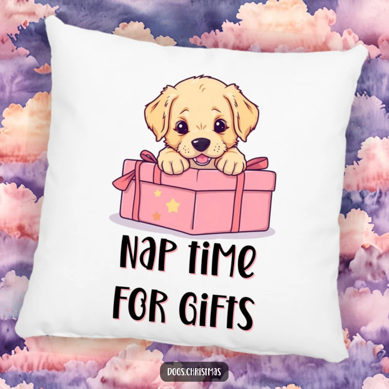 Funny pillow showcasing a golden retriever puppy energetically pouncing on a wrapped present, adding a touch of playful holiday spirit.