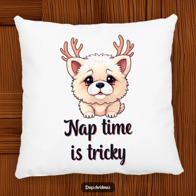 Funny and soft pillow featuring a fluffy dog wearing antlers with a confused expression, ideal for cozy decor.