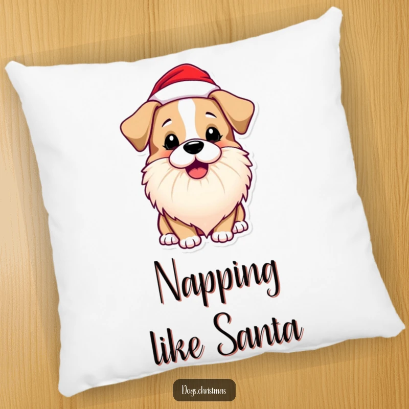 Funny Dog Pillow with a dog wearing a Santa beard and barking playfully, perfect for cozy holiday snuggles.
