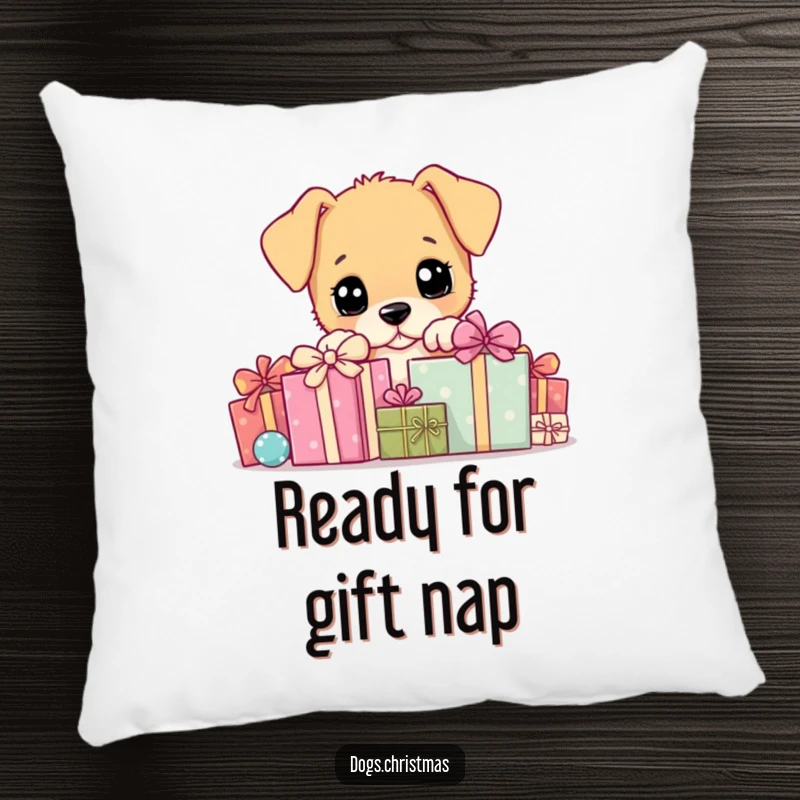 Funny Pillow: A fluffy puppy peeking playfully from behind a heap of gift boxes, adding a touch of cuteness.