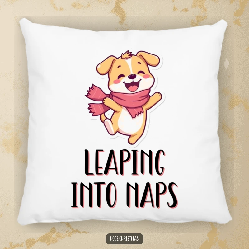 Funny dog pillow, happy character wearing a scarf, doing a joyful leap, soft and comfortable.
