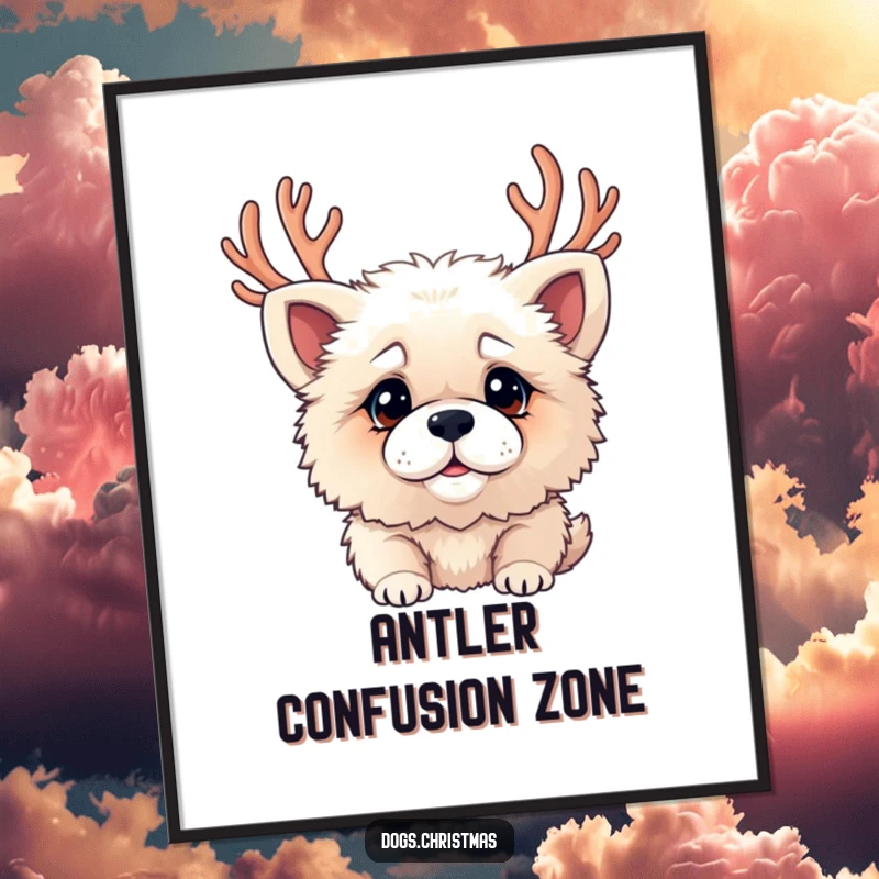 Funny digital art print of a fluffy dog wearing antlers and a confused look, ready for instant download.