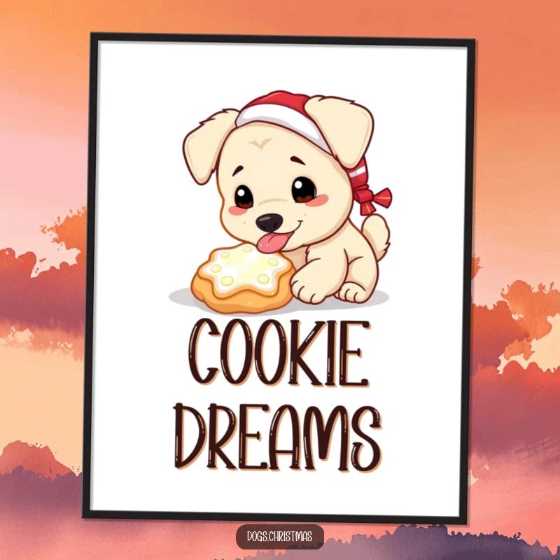 Funny Kawaii Dog Digital Art Print: A dog enjoys a glowing Christmas cookie, capturing funny holiday magic for instant decor.