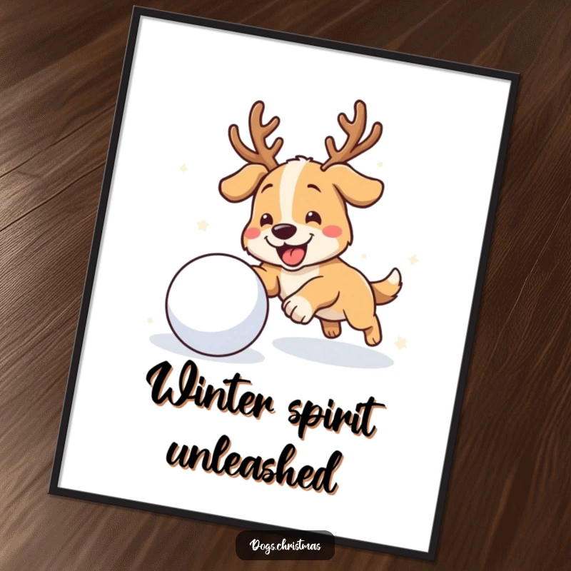 Funny antler dog digital art print of a dog with antlers gleefully chasing a snowball, perfect for winter wall decor.